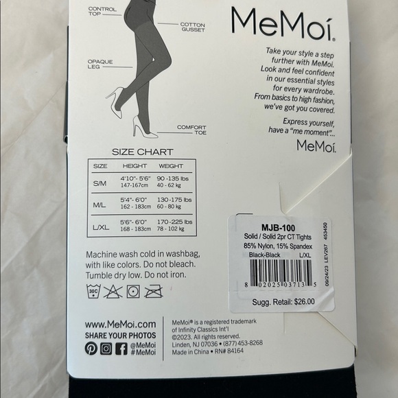 NWT MEMOI (2 pair) Black Control Top Opaque Tights. Size L/XL - Picture 4 of 5